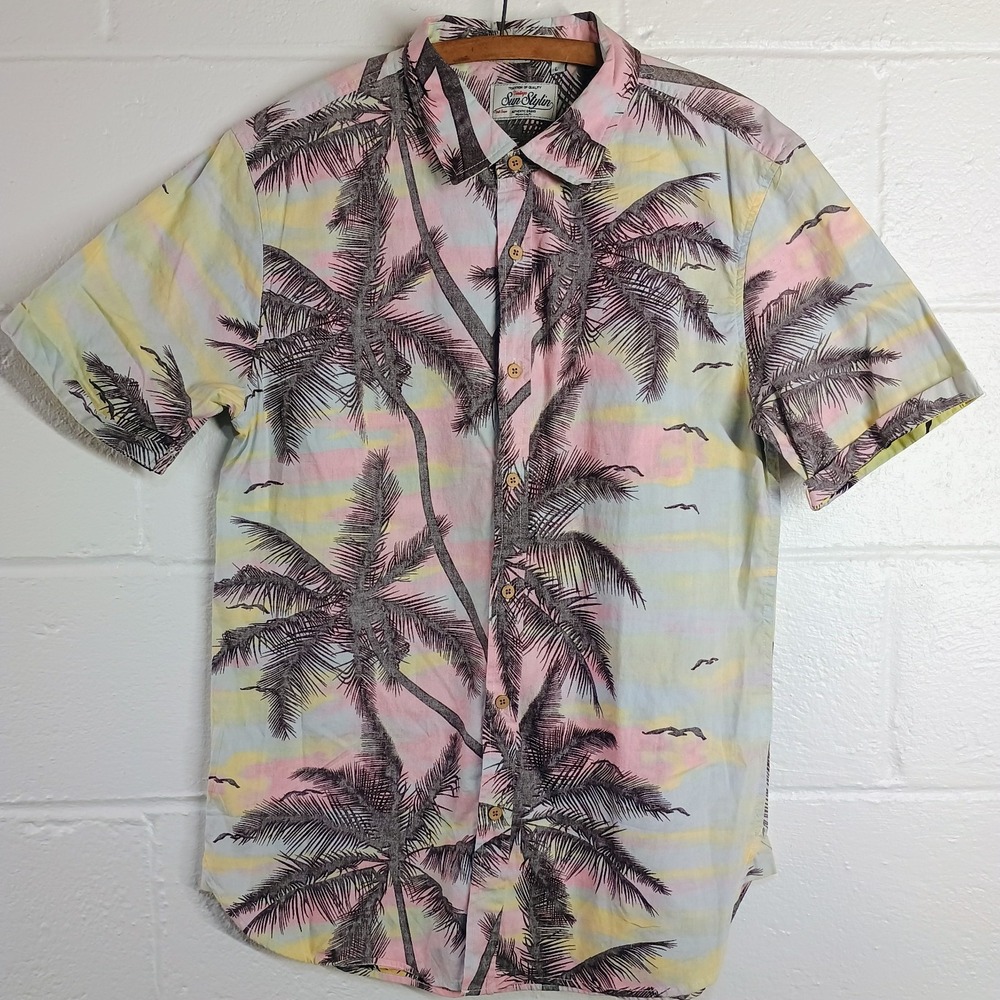 Sun Styling Hawaiian Palm Tree Mens LARGE Button Down Short Sleeve Collar Shirt